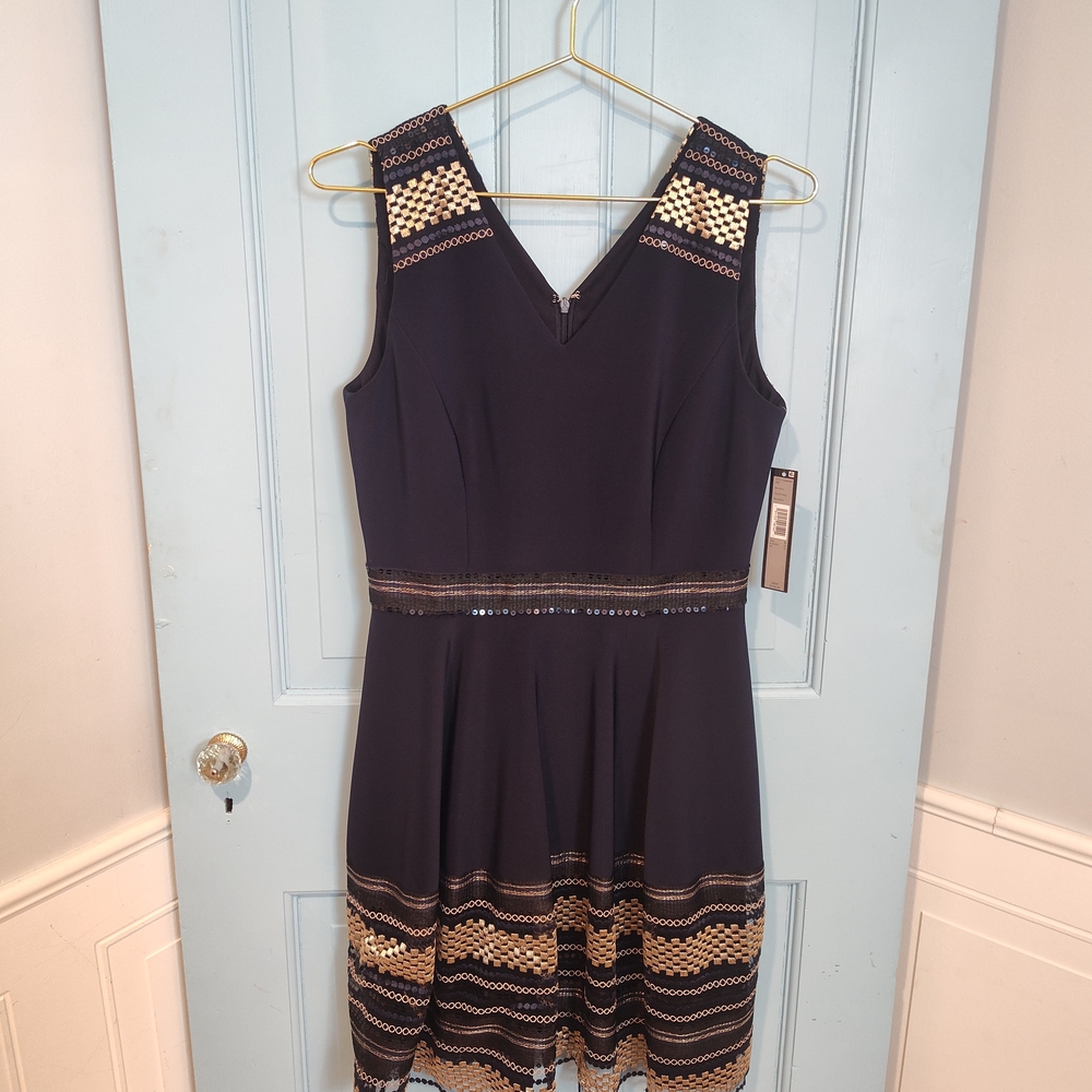 Tahari Blue and Gold Fit and Flare Midi Dress V-Neck